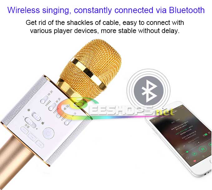 New Mobile Phone Karaoke Microphone + Wireless Bluetooth Stereo Speaker USB Player Portable KTV Handheld Singing Device Micgeek Q9 Gold 2600mAh