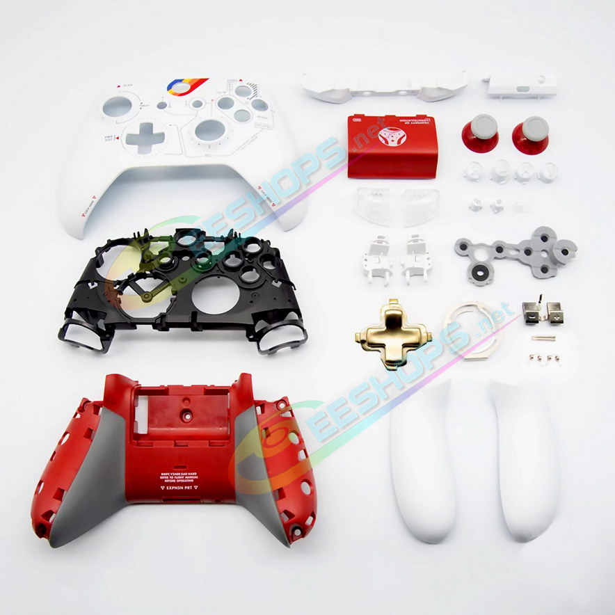 Cheap Original Xbox One S Controller Extra Housing Shells StarField Limited Full Set Replacement, Best New Microsoft XboxOne 1708 Wireless Controllers, DIY Red / White Outer Enclosure Covers + Buttons + ThumbSticks + Hand Grips + Rubber Pads