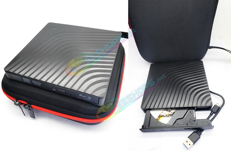 Cheap 2-in-1 USB-C Laptop Portable External Blu-ray DVD Burner / Player with Carry Case, Best Windows 10 11 8 Win11 Win10 Tablets PC Gaming Computer, Type-C USB 3.0 6X 3D BD-RE 8X DVD+RW DL Writer Optical Drive Black New in Storage Bag Free Shipping
