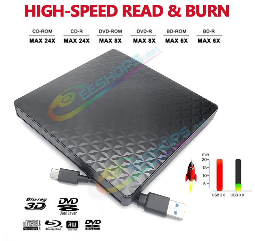Cheap USB-C Ultra Slim External 3D Blu-ray and DVD Player / BD-RE Burner, Best Lenovo Yoga 6 Slim 7i 9i X390 Book 7X Pro 730 C940 C930 Laptop, New 2-in-1 Slim 6X BD-R DL 8X DVD+-R/RW DVDRAM DL 24X CD-RW Disc Writer Portable Optical Drive Free Shipping