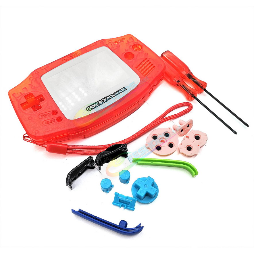 Cheap Nintendo GameBoy Advance Clear Red Housing Shells + Hand Strap Replacement, Best Game Boy GBA Handheld Console Custom Outer Enclosure + White Screen Cover, Blue Buttons, Pink Conductive Pads, Special Stickers, Screwdriver Tools Free Shipping
