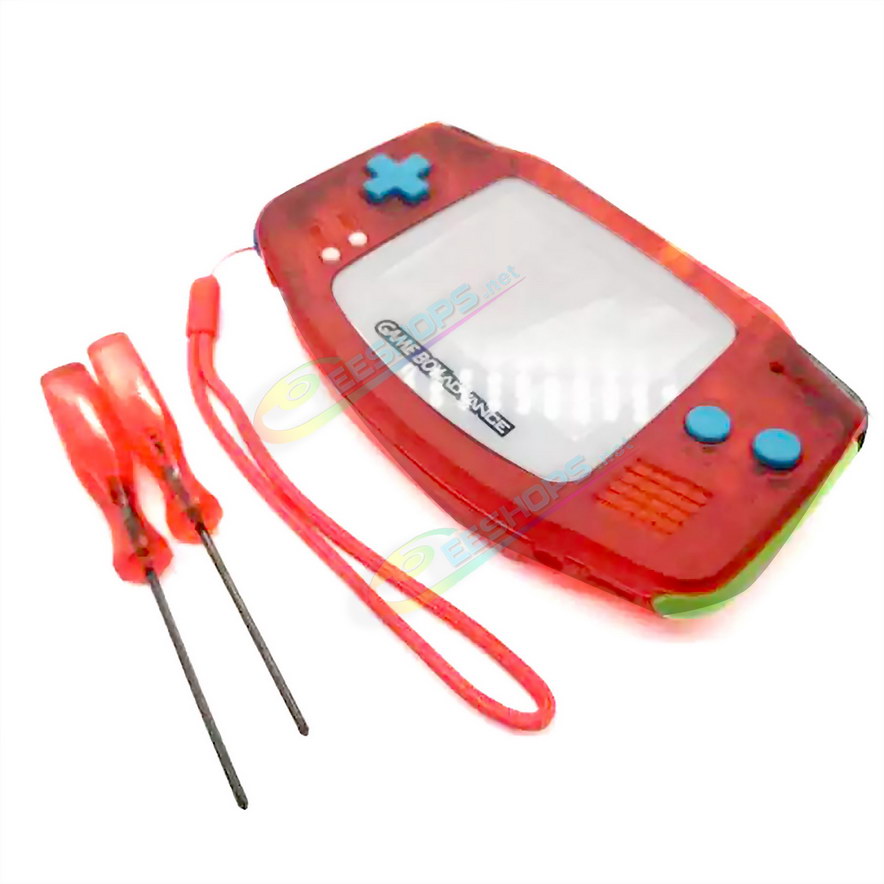 Cheap Nintendo GameBoy Advance Clear Red Housing Shells + Hand Strap Replacement, Best Game Boy GBA Handheld Console Custom Outer Enclosure + White Screen Cover, Blue Buttons, Pink Conductive Pads, Special Stickers, Screwdriver Tools Free Shipping