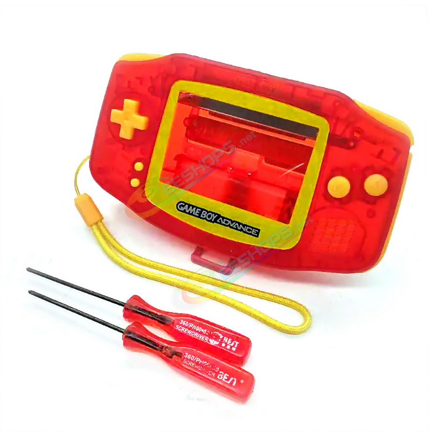 Cheap Nintendo GameBoy Advance Clear Red Housing Shells + Gold Wrist-Strap Replacement, Best Game Boy GBA Handheld Console Custom Outer Case Enclosure, Pretective Screen Cover, Yellow Buttons, Conductive Pads, Stickers, Screwdrivers Free Shipping