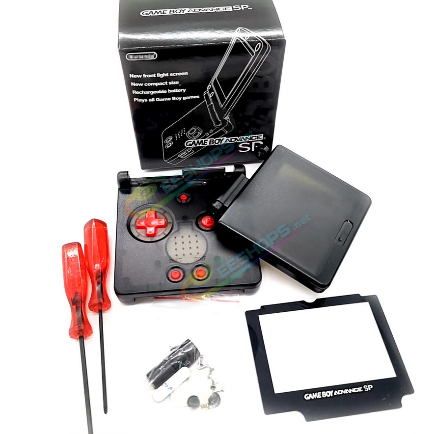 Cheap Nintendo GameBoy SP Extra Housing Case Shell Clear Black + Collection Storage Box Replacement, Best Game Boy GBP Console, Custom DIY Outer Enclosure + Screen Cover, Screws, Red Buttons, Luminous Pad / Plug, Sticker, Tools Free Shipping