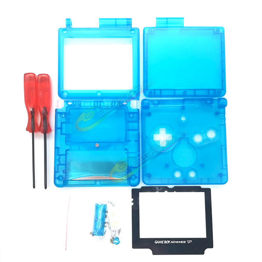 Cheap Nintendo GameBoy SP Extra Housing Case Shell Clear Blue + Collection Storage Box Replacement, Best Game Boy GBP Console, Custom DIY Outer Enclosure + Screen Cover, Screws, White Buttons, Luminous Pad / Plug, Sticker, Tools Free Shipping