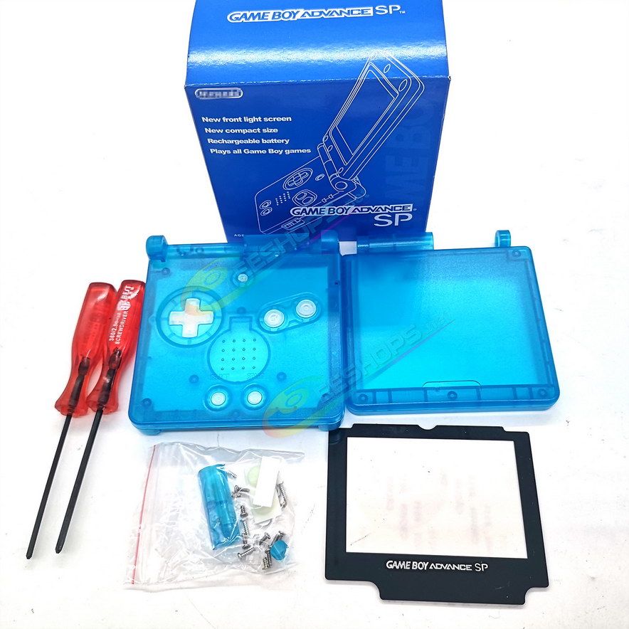 Cheap Nintendo GameBoy SP Extra Housing Case Shell Clear Blue + Collection Storage Box Replacement, Best Game Boy GBP Console, Custom DIY Outer Enclosure + Screen Cover, Screws, White Buttons, Luminous Pad / Plug, Sticker, Tools Free Shipping