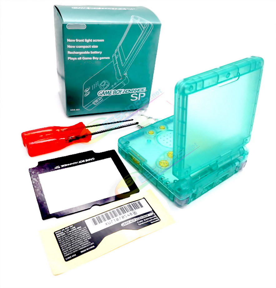 Cheap Nintendo GameBoy SP Extra Shell Housing Case Clear Green + Collection Storage Box Replacement, Best Game Boy GBP Console, Custom DIY Outer Enclosure + Screen Cover, Screws, Yellow Buttons, Luminous Pad / Plug, Sticker, Tools Free Shipping