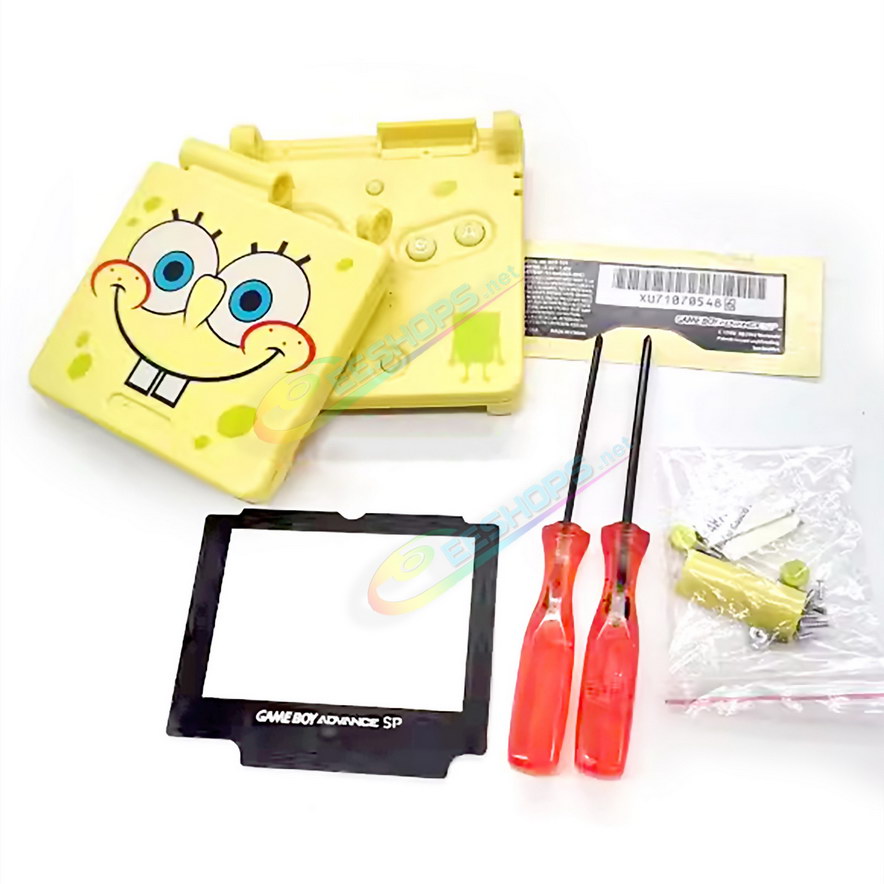 Cheap Nintendo GameBoy SP Extra Shell Housing Case SpongeBob SquarePants Edition Replacement, Best Game Boy GBP Console, Custom DIY Outer Enclosure + Screen Cover, Screws, Green Buttons, Conductive Pads, Screw Hole Plugs, Sticker, Repair Tools Free Shipping