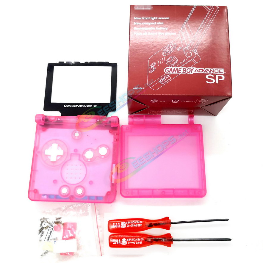 Cheap Nintendo GameBoy Advance SP Clear Pink Housing Shells + Collection Box Full Set Replacement, Best New Game Boy Advanced GBA SP Handheld Console, DIY Transparent Outer Enclosure, Storage Case, Screen Cover, Buttons, Screws, Tools Free Shipping