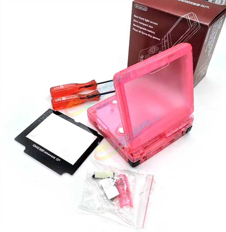 Cheap Nintendo GameBoy Advance SP Clear Pink Housing Shells + Collection Box Full Set Replacement, Best New Game Boy Advanced GBA SP Handheld Console, DIY Transparent Outer Enclosure, Storage Case, Screen Cover, Buttons, Screws, Tools Free Shipping