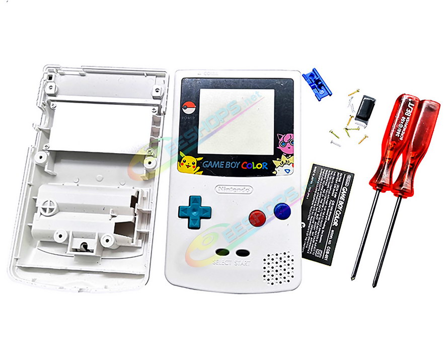 Cheap Nintendo GameBoy Color Extra Shell Housing Case Full Set Pokemon Edition White, Best Game Boy Colored GBC Console, Custom DIY Outer Case Enclosure + Pikachu Screen Cover, Screws, Buttons, Rubber Pads, Sticker, Screwdrivers Free Shipping
