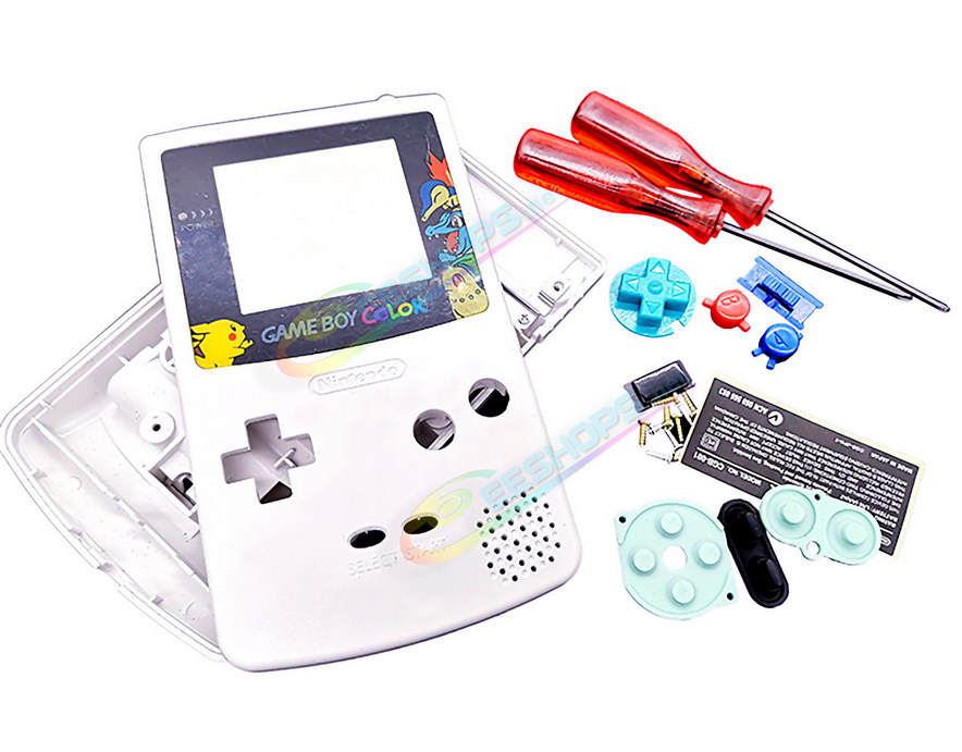 Cheap Nintendo GameBoy Color Extra Shell Housing Case Full Set Pokemon Edition White, Best Game Boy Colored GBC Console, Custom DIY Outer Case Enclosure + Pikachu Screen Cover, Screws, Buttons, Rubber Pads, Sticker, Screwdrivers Free Shipping