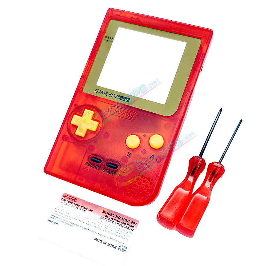 Cheap Nintendo GameBoy Pocket Extra Shell Housing Case Clear Red Replacement, Best Game Boy GBP Handheld Console, Custom DIY Outer Enclosure + Gold Screen Cover, Screws, Yellow Buttons, Rubber Pads, Sticker, Screwdrivers Free Shipping