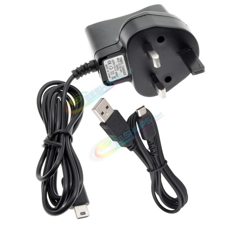 Best Nintendo DS Lite AC Charger Power Adapter UK HK Plug + USB Charging Cable, Cheap New DS Lite NDSL Handheld Console Hongkong / British Edition 100-240V DC 5V 500mA Wall / Desktop Charge Adaptor 1M Cord + 1.2M USB Power Line Free Shipping
