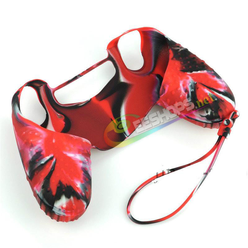 New Half-Covered Silicone Skin Protector Case Rubber Sleeve Armor for Sony Playstation 4 PS4 PS4 Slim PS4 Pro Wireless Controller Camouflage Red With Strap + Thumb Grips